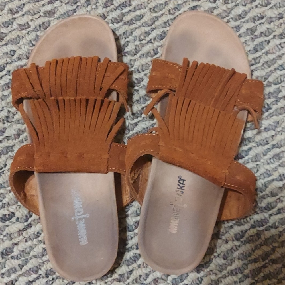 Minnetonka 'Daisy' Fringe Slide Sandals Suede Boho
